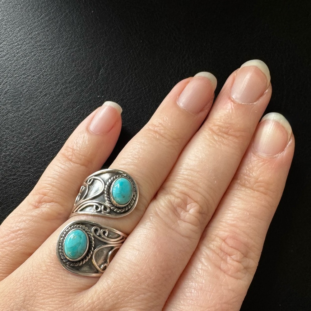 Natural Turquoise 925 Silver- Sz 9 Adjustable/Expandable Wrap Silver - Picture 4 of 5